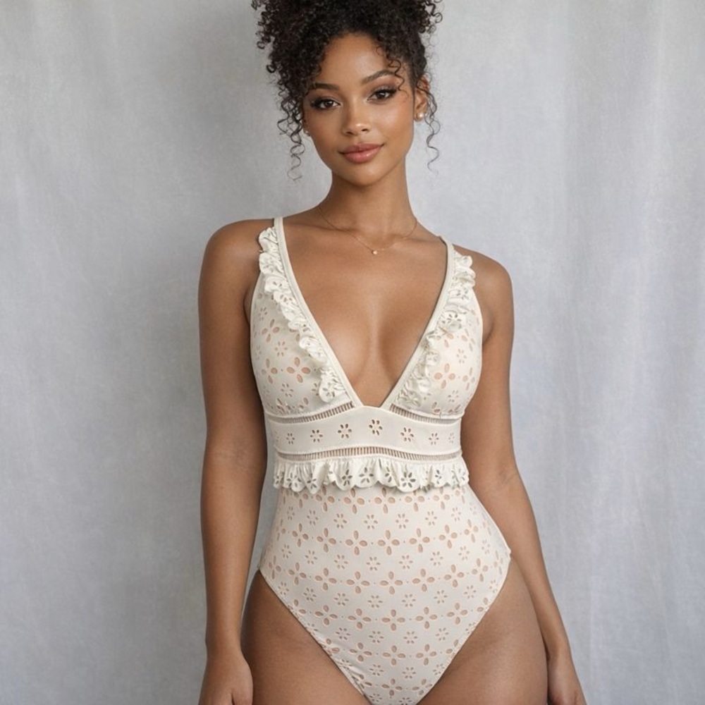 J. Crew Scalloped Ruffle Plunging One-piece Swimsuit in Laser-cut Eyelet.